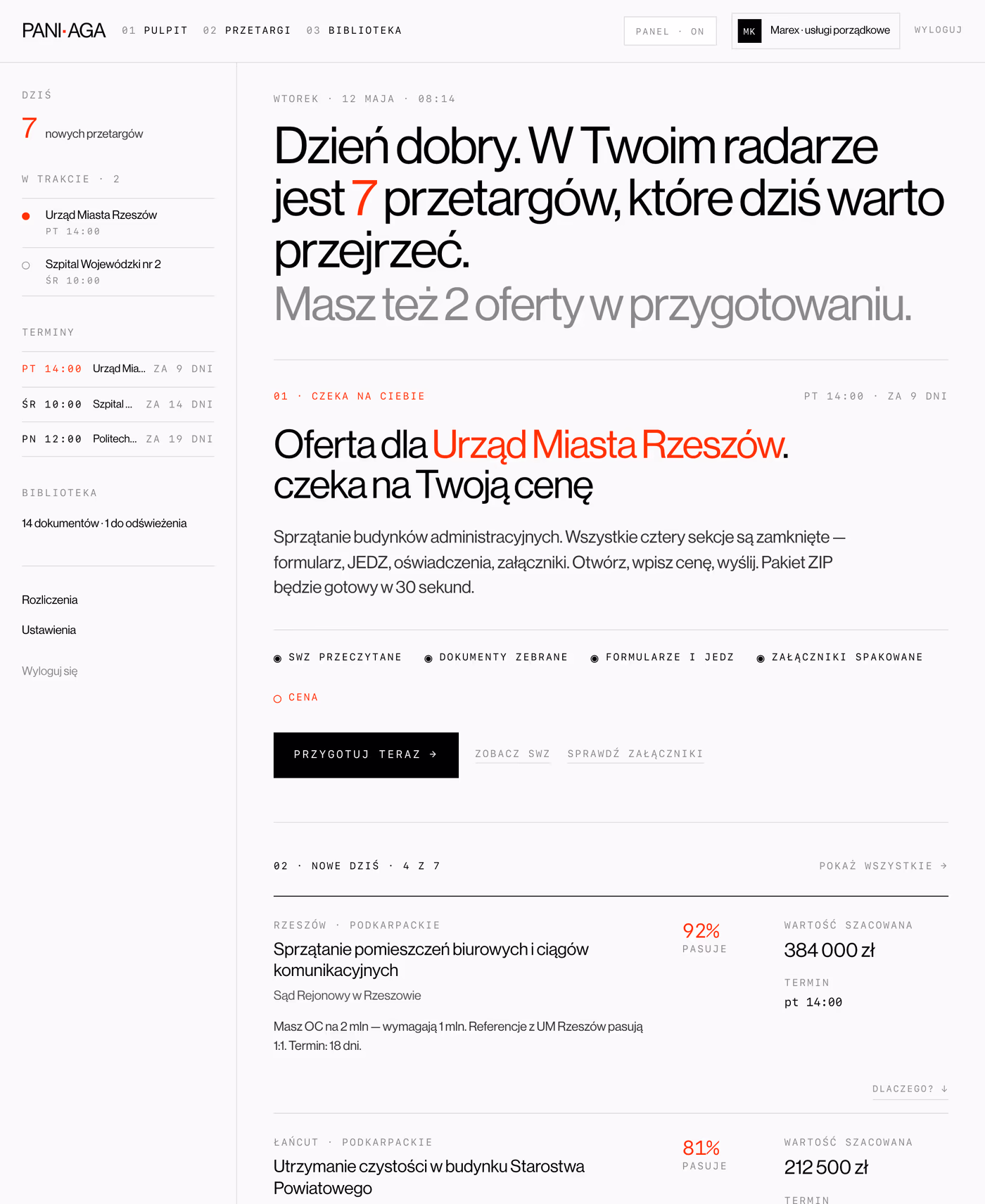 NIP → lista pasujących przetargów → oferta gotowa